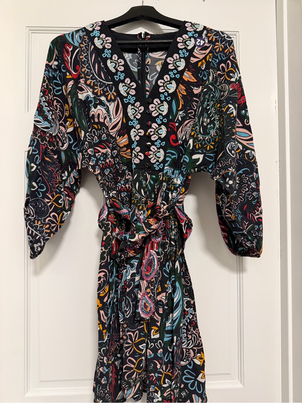 TAJ by Sabrina Crippa Black Multicolor Paisley V-Neck Tie-Waist Dress